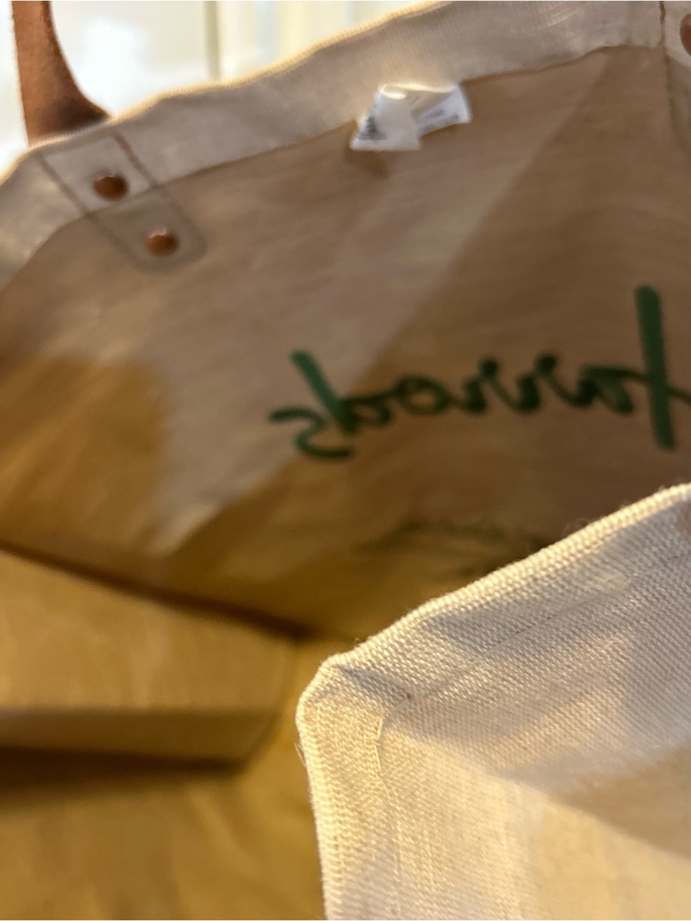 Harrods Natural Canvas Tote with Green Logo and Tan Handles - Picture 7 of 7